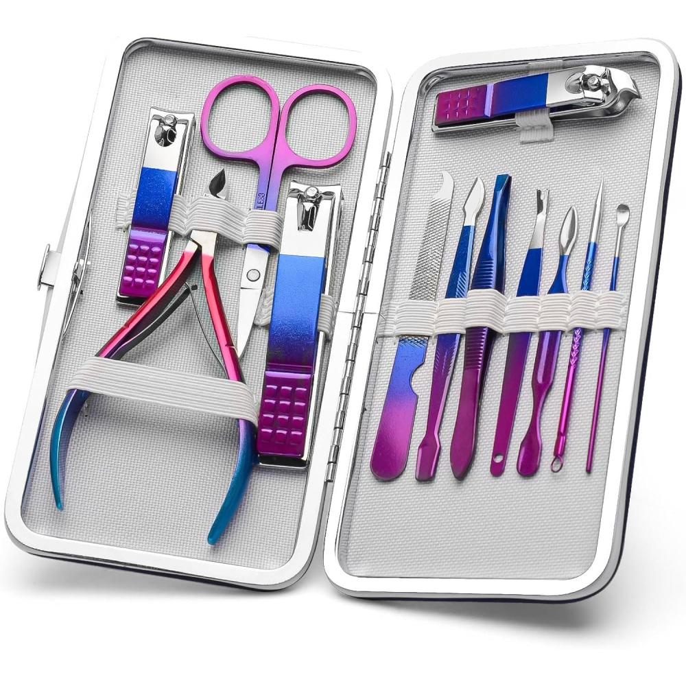 image:imageCGBE 12Pcs Manicure Set Nail Clippers Pedicure Kit Men Women Grooming kit Manicure Professional Nail Care Tools Gift with Luxurious Travel CaseColorful12pcs