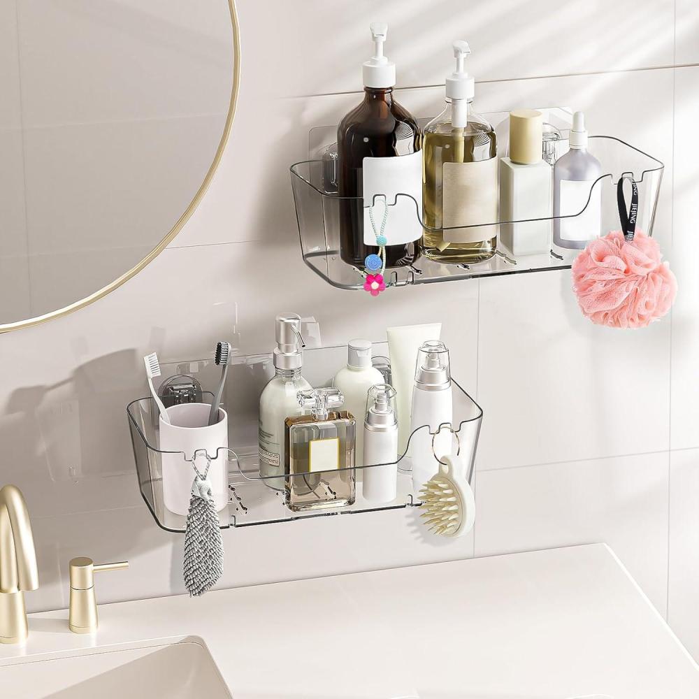 image:imageCGBE Acrylic SelfAdhesive Shower Caddies NoDrill Bathroom Wall Shelf with Hidden Hooks amp Drainage Holes  Clear Waterproof Organizer for Bathroom Kitchen Storage 2 Pack 114 L  47 W  32 D
