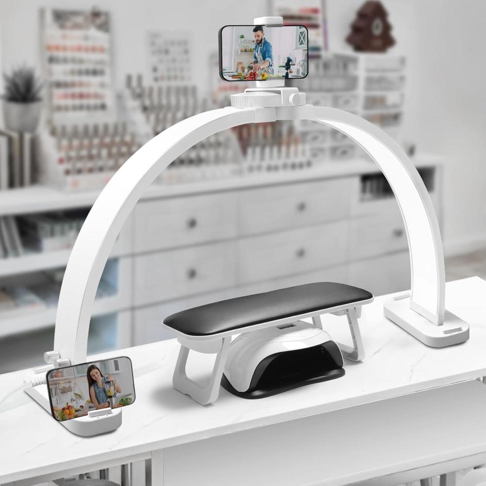 image:imageCGBE HalfMoon Nail Light for Desk  Professional Manicurist Table Lamp for Nail Salon Lighting and Eyelash Extensions with Phone Holder  Extra Large 307 Craft Desk Light  PinkWhite