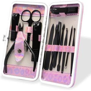 CGBE 12Pcs Manicure Set Nail Clippers Pedicure Kit Men Women Grooming kit Manicure Professional Nail Care Tools Gift with Luxurious Travel Case(Black-12pcs)