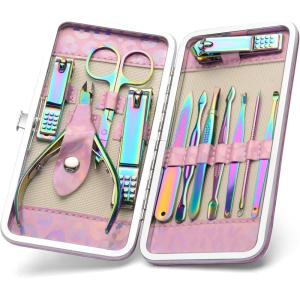 CGBE 12Pcs Manicure Set Nail Clippers Pedicure Kit Men Women Grooming kit Manicure Professional Nail Care Tools Gift with Luxurious Travel Case(Pink-colorful)