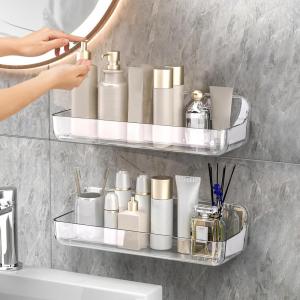 CGBE 2-Pack Acrylic Shower Shelves, Large Capacity Adhesive Shower Shelf, No Drilling Adhesive Bathroom Shelf with Drain Holes,Clear Wall Mount Organizer for Bathroom Storage(Transparent)