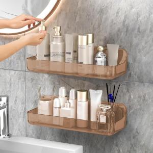 CGBE 2-Pack Acrylic Shower Shelves, Large Capacity Adhesive Shower Shelf, No Drilling Adhesive Bathroom Shelf with Drain Holes,Clear Wall Mount Organizer for Bathroom Storage(Amber)