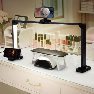 CGBE Foldable Nail lamp for Desk: Large Wide Half Moon Light with Phone Holder for Nail Salon Technicians – No Glare Craft Desk Light for Manicure lash Task for Esthetician 33.5” – White(Black)