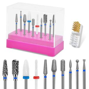 CGBE Nail Drill Bits Set: 10PCS Tungsten Carbide Nail Drill Bits for Acrylic Nails, 3/32” Shank Professional Nail Bits for Nail Drill Cuticle Drill Bit for Home Salon Nail Enthusiasts Manicurist(red-tungsten carbide ceramic diamond)