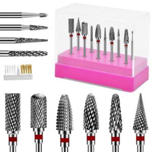 CGBE Nail Drill Bits Set: 10PCS Tungsten Carbide Nail Drill Bits for Acrylic Nails, 3/32” Shank Professional Nail Bits for Nail Drill Cuticle Drill Bit for Home Salon Nail Enthusiasts Manicurist(red-tungsten carbide)