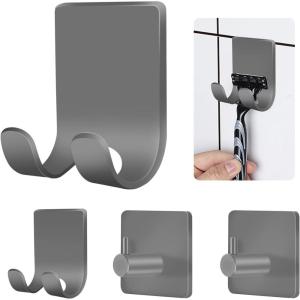 CGBE Razor Holder for Shower, 4 Packs Shaver Holder and Hooks, Self Adhesive Wall Mounts for Bathroom, Damage Free – Brown(Gray)