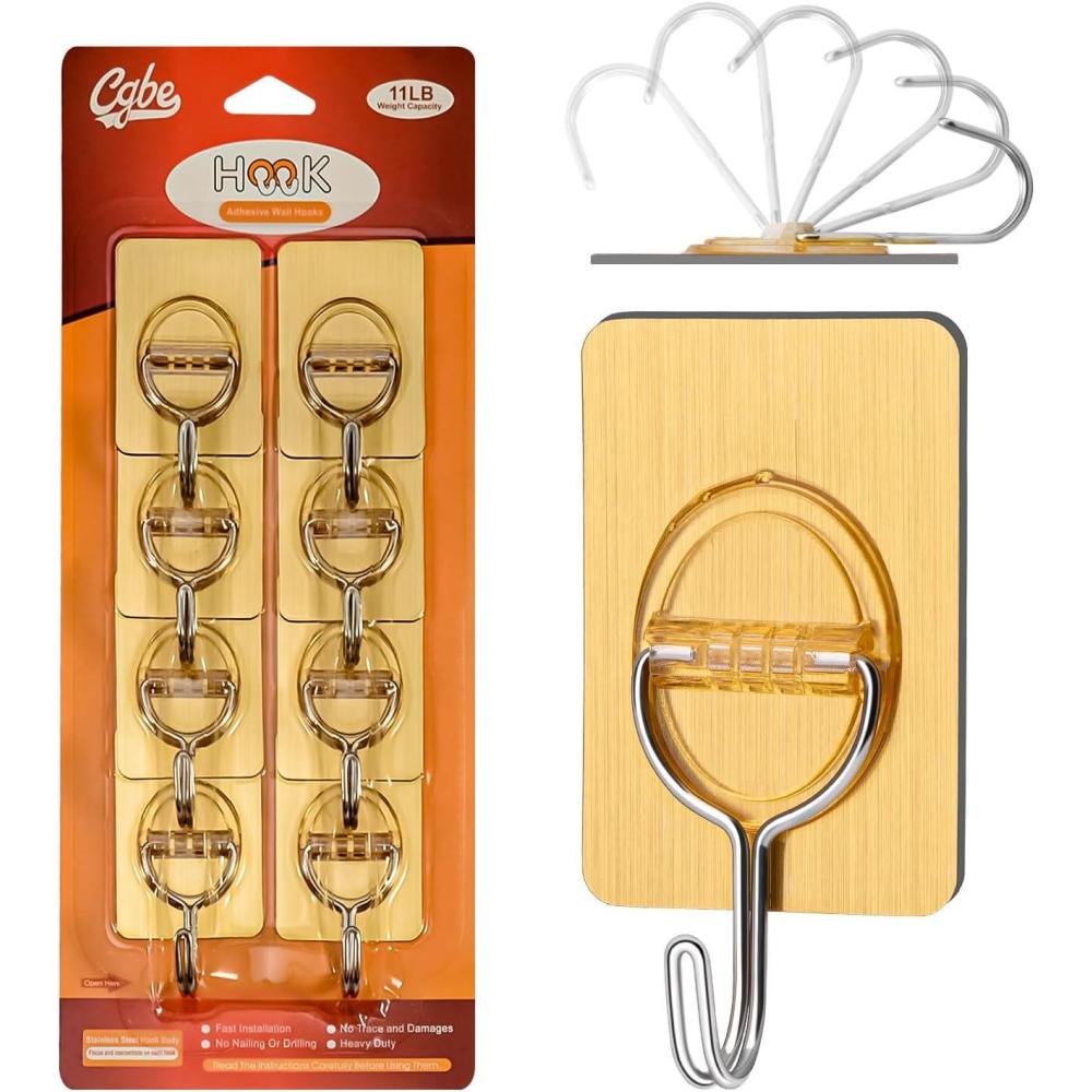 image:imageCGBE Adhesive Hooks Heavy Duty Sticky Hooks for Hanging 11 lbs Max Seamless Transparent Adhesive Hooks Wall Hangers Without Nails for Hanging Keys Coats Hats Bags Ceiling Gold8PACKGold