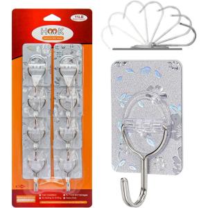 CGBE Adhesive Hooks Heavy Duty Sticky Hooks for Hanging 11 lbs (Max) Seamless Transparent Adhesive Hooks Wall Hangers Without Nails for Hanging Keys Coats Hats Bags Ceiling (Gold-8PACK)(Silver)